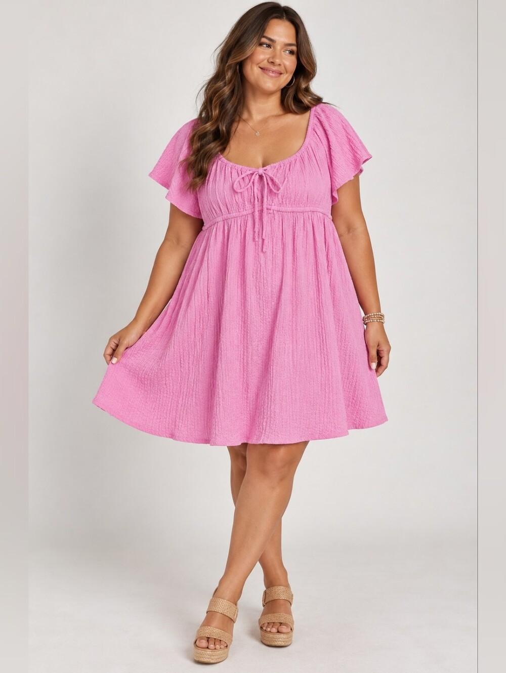 Pink Crinkle Cutesie Babydoll Mini Dress, Romantic Cowgirl Casual Girly, XL